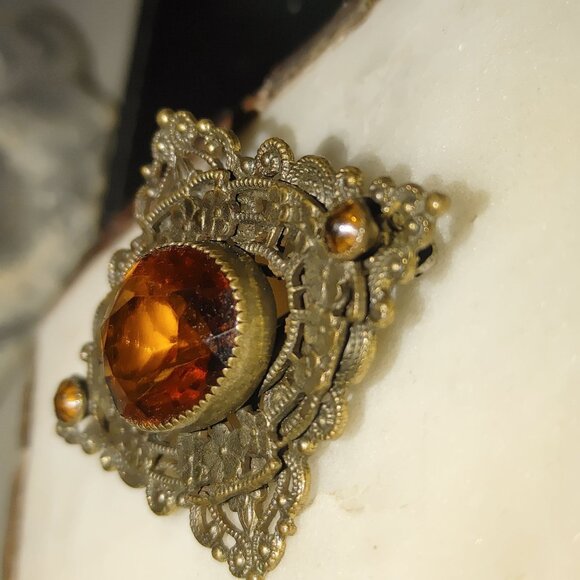 Antique Victorian Brass Filigree Brooch Yellow Orange Amber Colored Glass - Picture 9 of 16